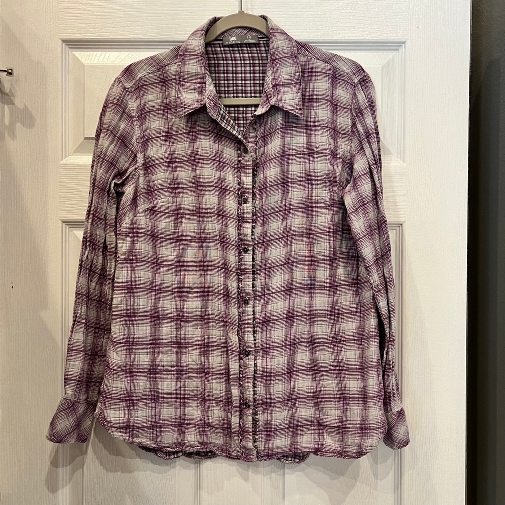 Lee Riders Button Down 100% Cotton Gauze Plaid Ruffle Trim Purple White L Boho